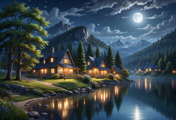 night landscape with lake and mountains