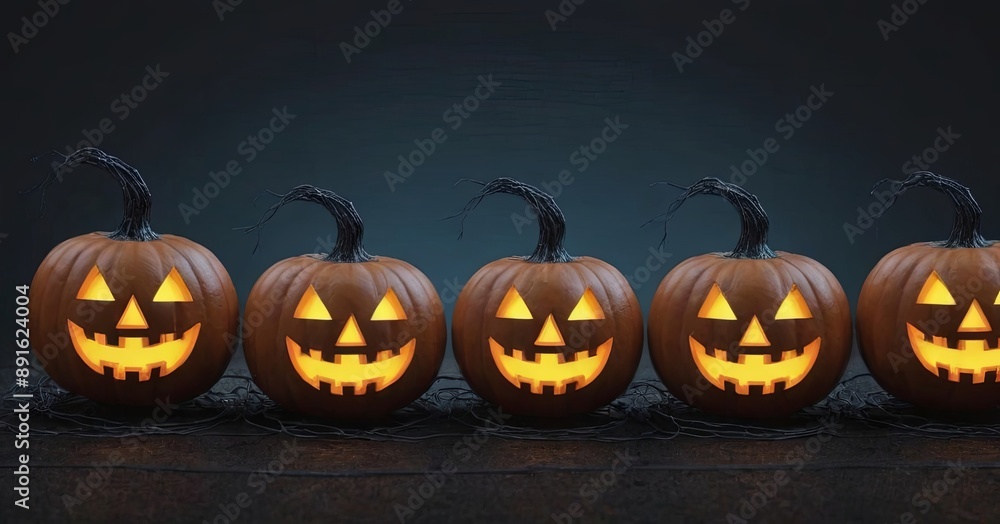 Poster a row of pumpkins with their eyes open and smiling