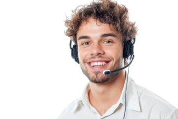 Cheerful young male customer service operator with headset, isolated on white background