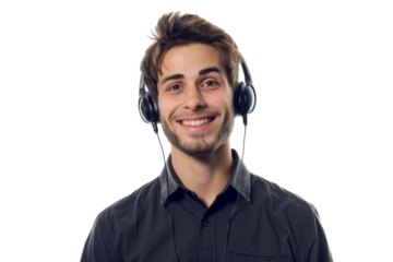 Cheerful young male customer service operator with headset, isolated on white background