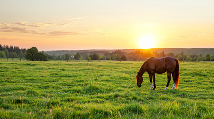 Horse grazing in meadow on sunset 