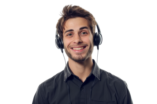Cheerful young male customer service operator with headset, isolated on white background