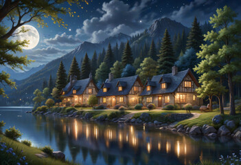 Fototapeta premium night landscape with lake and mountains