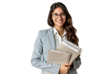 Cheerful woman supervisor holding documents Isolated on white background