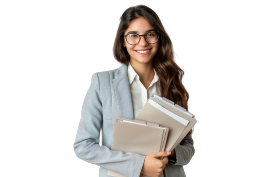 Cheerful woman supervisor holding documents Isolated on white background - Powered by Adobe