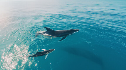 Obraz premium Humpback whale swimming with calf in sea 