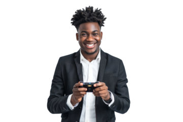 Cheerful man in business attire engaged with a handheld video game, isolated on white background