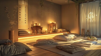 A serene meditation room with floor cushions