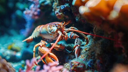 Secluded Sanctuary - Lobster Camouflaged in Vibrant Coral Crevice of Ocean Reef.