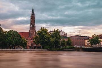 View of the old town of Landshut during flooding on the Isar, Germany.