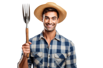 Cheerful farmer holding a pitchfork and standing confidently Isolated on white background