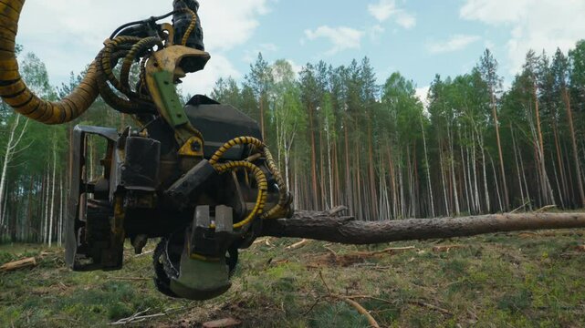 Lumbering Process. A Huge Machine is used for lumbering trees. Lumbering equipment is putting the huge cut tree on the ground. Production of Fuel Wood. The provision of timber. Deforestation.