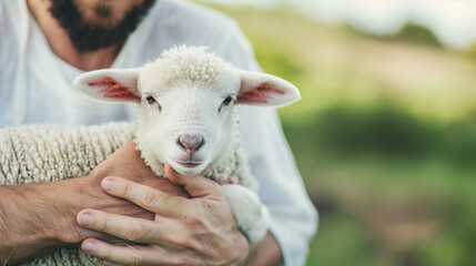 Obraz premium Jesus Christ holding a little lamb of Easter holiday concept 