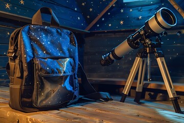 A school bag with a starry night sky design, sitting beside a telescope in an observatory