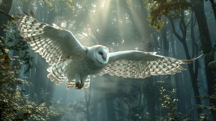 A majestic white owl soaring through the mystical forest, its wings spread wide