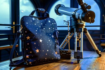 A school bag with a starry night sky design, sitting beside a telescope in an observatory