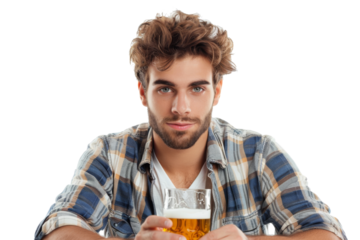Casual young man with beer glass isolated on white background