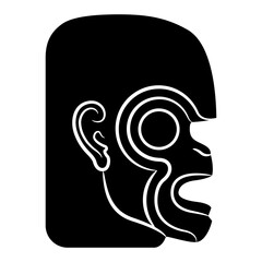 Stylized monkey head in profile. Ethnic animal design of Maya Indians from ancient Guatemala. Black and white silhouette.