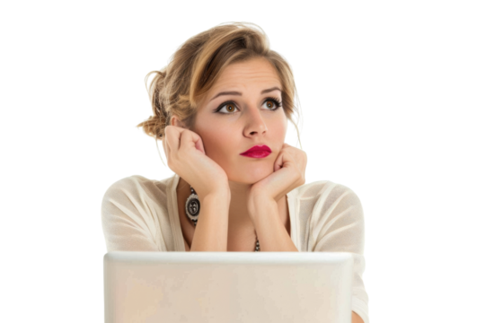Businesswoman thinking with a laptop in front, isolated on white background