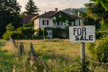 Obraz premium A FOR SALE sign against the background of a house for sale, free housing for purchase