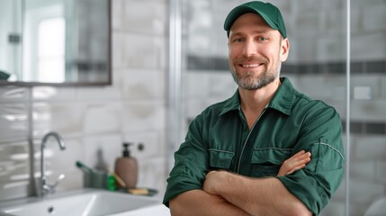The plumber in green uniform Description:Plumber in a green uniform smiling confidently in a bathroom setting.