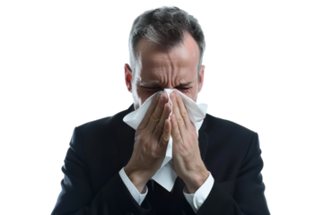 Businessman sneezing into tissue paper, showing illness isolated on white background