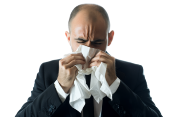 Businessman sneezing into tissue paper, showing illness isolated on white background