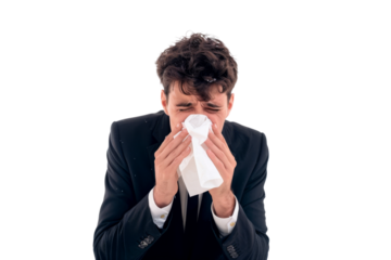 Businessman sneezing into tissue paper, showing illness isolated on white background