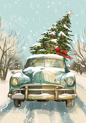 This holiday greeting card showcases a timeless scene of a classic vehicle carrying a Christmas tree, evoking a sense of nostalgia and seasonal cheer in its artistic design and vintage appeal