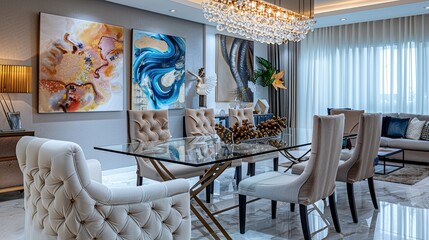 A sophisticated dining area with a glass-top table