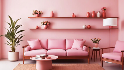Entrance Of Living Room With Pink Sofa, Potted Plant And Coffee Table