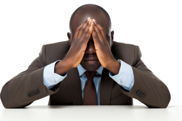 Businessman resting head on hands while sleeping isolated on white background