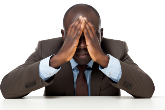 Businessman resting head on hands while sleeping isolated on white background