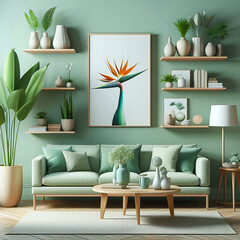 Green living room interior with a chair and turquoise sofa, adorned with leaves wallpaper and a table