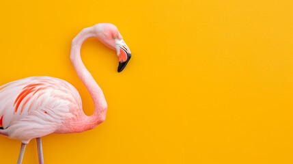 Naklejka premium Pink flamingo in yellow background
