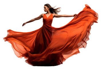 Beautiful female dancer in a glamorous gown executing a graceful move, isolated on white background