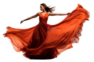 Beautiful female dancer in a glamorous gown executing a graceful move, isolated on white background