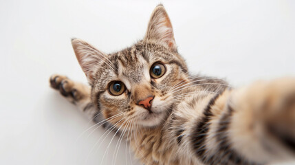 playful kitten makes selfie on a white background 
