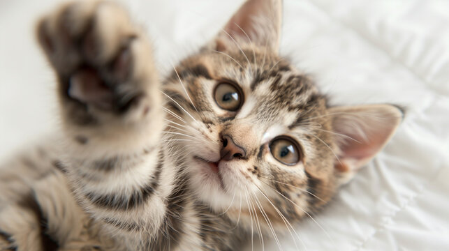 playful kitten makes selfie on a white background