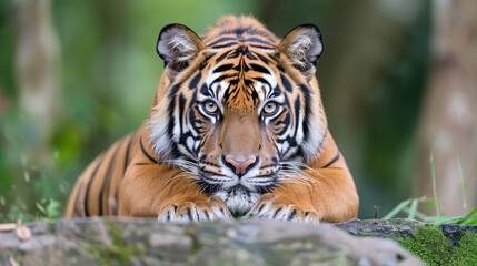Obraz premium Portrait of a Sumatran tiger lying on a rock
