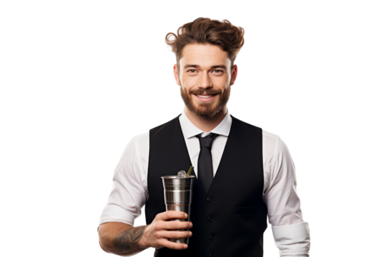 Barista bartender smiling holding cocktail shaker Isolated on white background - Powered by Adobe