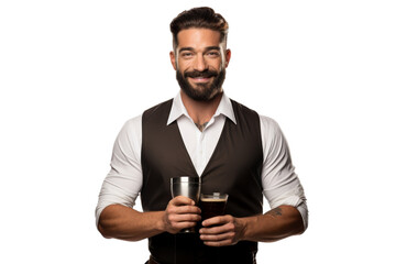 Barista bartender smiling holding cocktail shaker Isolated on white background