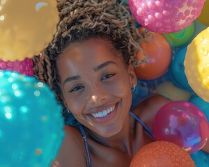 Fototapeta premium Happy Woman Playing with Bright Balls in Summertime, Enjoying Fun and Laughter Capture the Joy of Summer Days with Colorful Playful Balls A Vibrant Image of Summer Fun and Recreation