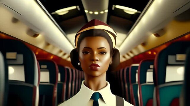 A flight attendant walks through the cabin of an airplane