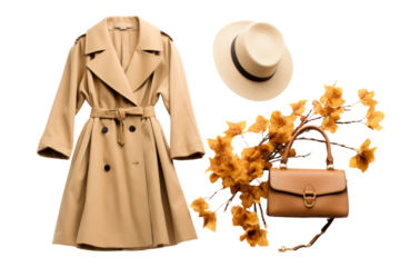 Autumn outfit with trench coat, hat, and handbag Isolated on white background
