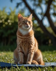 Obraz premium A ginger cat sits in relaxation on a soft blanket of green grass