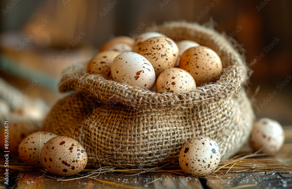 Poster quail eggs in burlap sack. a burlap sack overflowing with speckled quail eggs sits on a rustic woode
