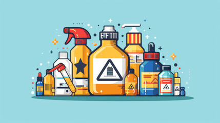 Colorful illustration of various hazardous household chemical bottles with warning labels on a light blue background.