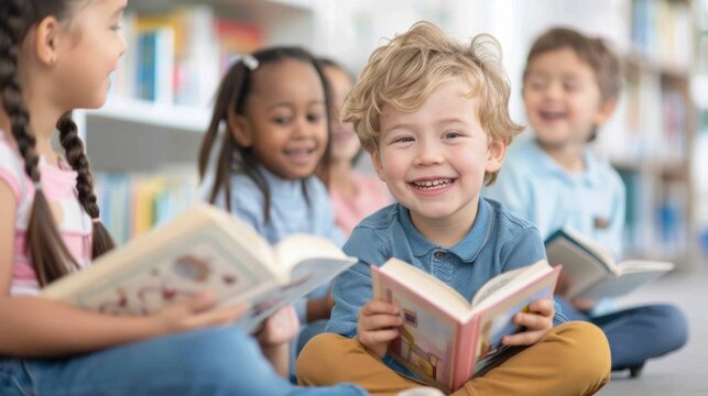Primary educator reading a colorful engaging book to a group of attentive diverse children in a cozy inviting library corner fostering literacy skills and storytelling