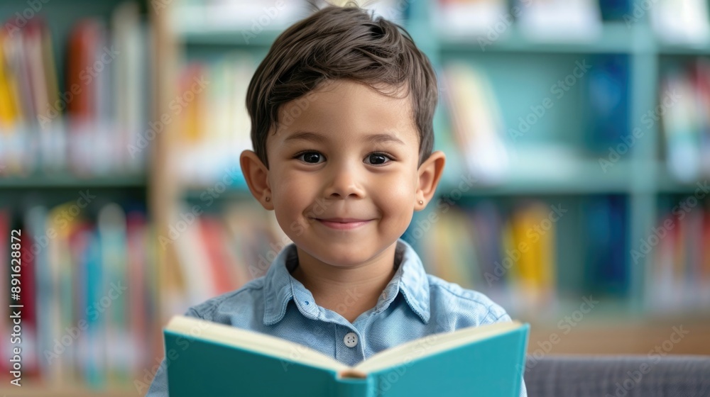 Poster cheerful young boy engrossed in reading an interesting colorful book while sitting in a library corn